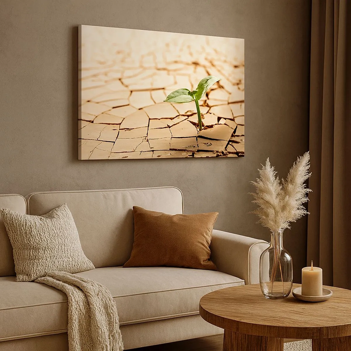 Quadro em tela - Uma planta verde crescendo em terra seca e rachada - 70x50cm - A força indomável da vida - Decoração de parede moderna para a sala de estar e quarto ARTTOR