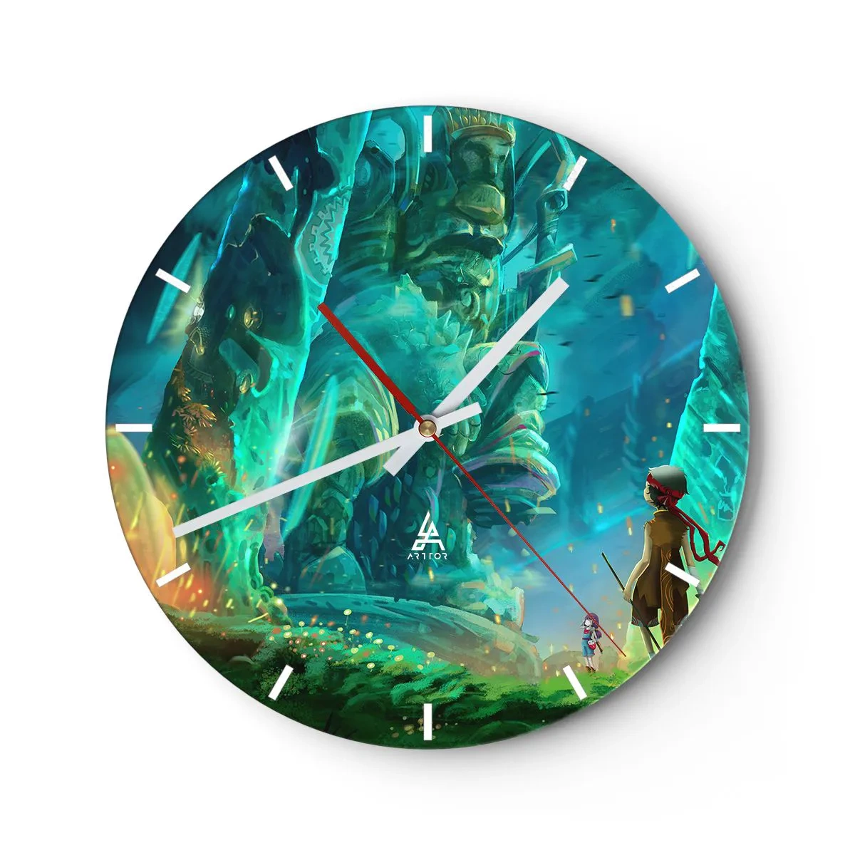 Relógio de parede - Relógio em vidro - Uma paisagem fantástica com figuras e totens - 30x30cm - Do Grande Livro de Contos de Fadas - Decoração de parede moderna para a sala de estar, cozinha e quarto ARTTOR