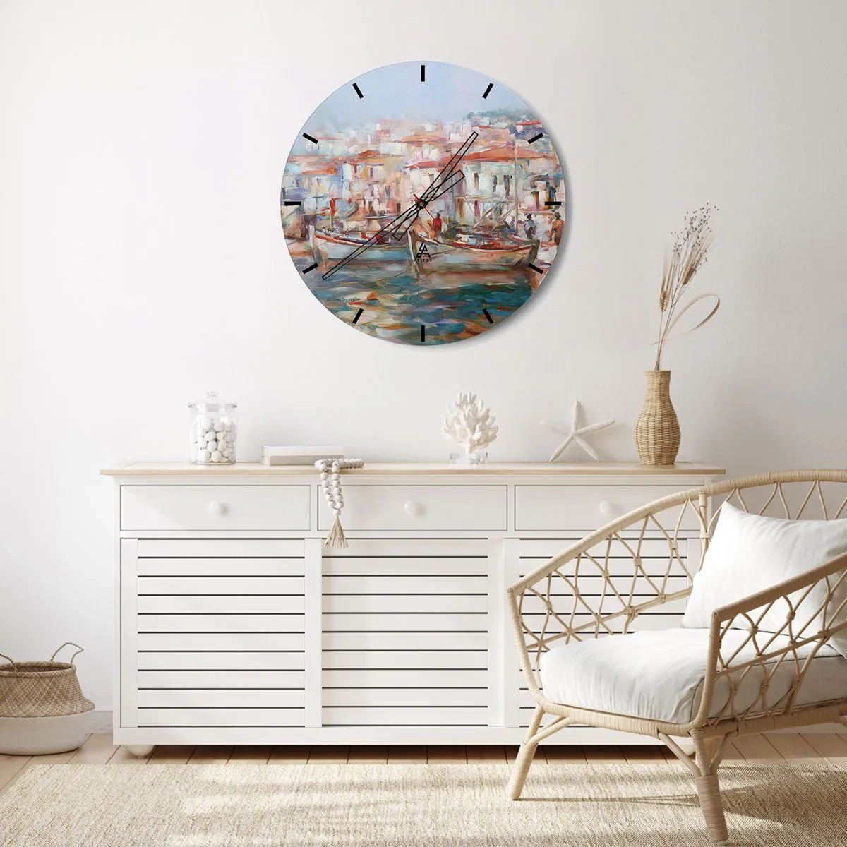 Relógio de parede - Relógio em vidro - Um porto pastel com barcos tendo como pano de fundo edifícios pitorescos - 30x30cm - Férias em pastel - Decoração de parede moderna para a sala de estar, cozinha e quarto ARTTOR