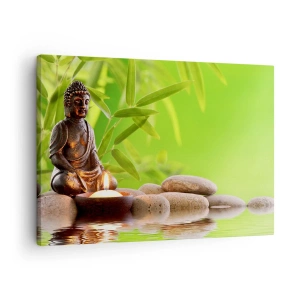 Quadro em tela - Figura de Buda com pedras e uma vela sobre um fundo de bambu - 70x50cm - A vida é linda - Decoração de parede moderna para a sala de estar e quarto ARTTOR