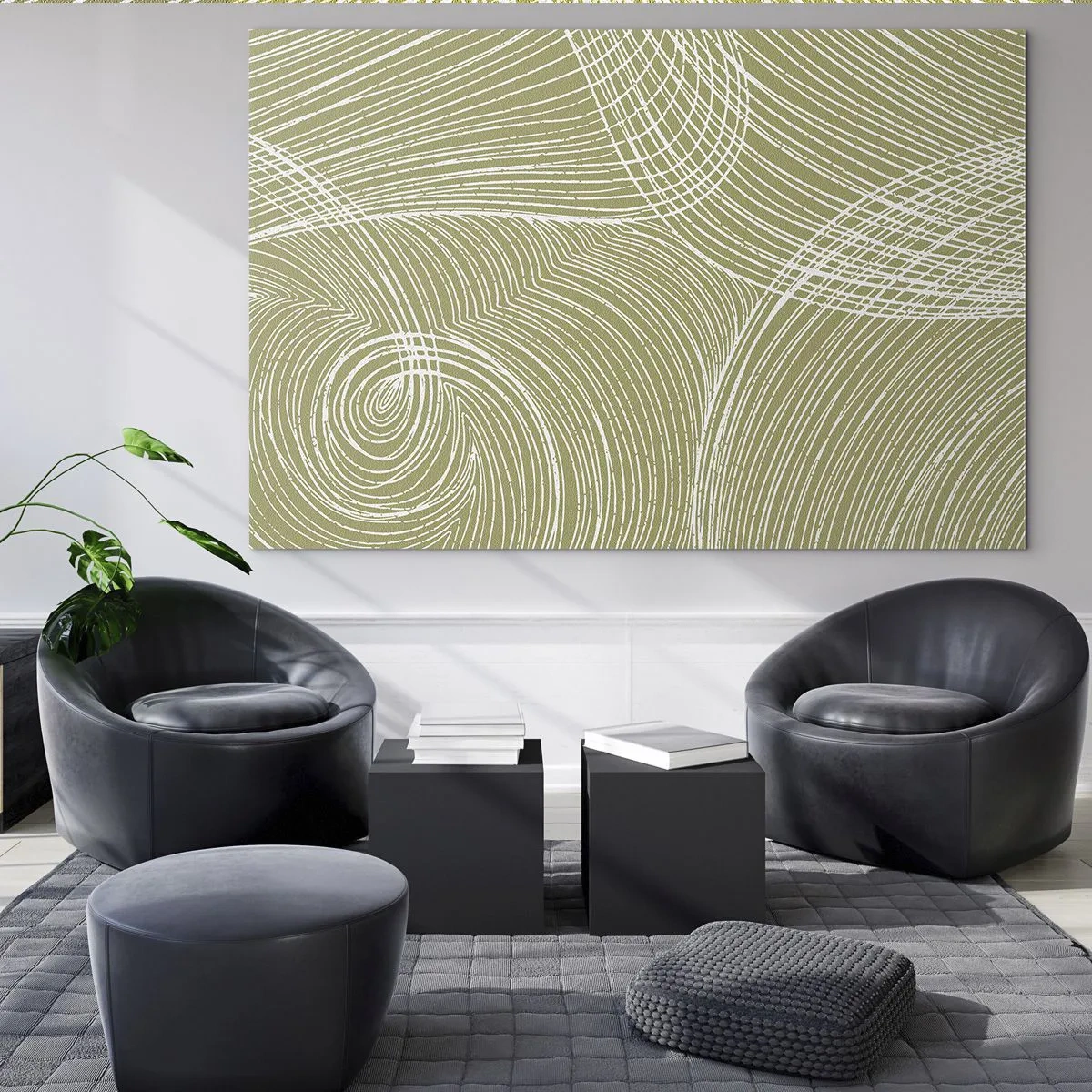 Quadro em vidro - Linhas brancas formam uma estrutura complexa sobre um fundo verde-oliva. - 70x50cm - Abstração intrincada em branco - Decoração de parede moderna para a sala de estar e quarto ARTTOR