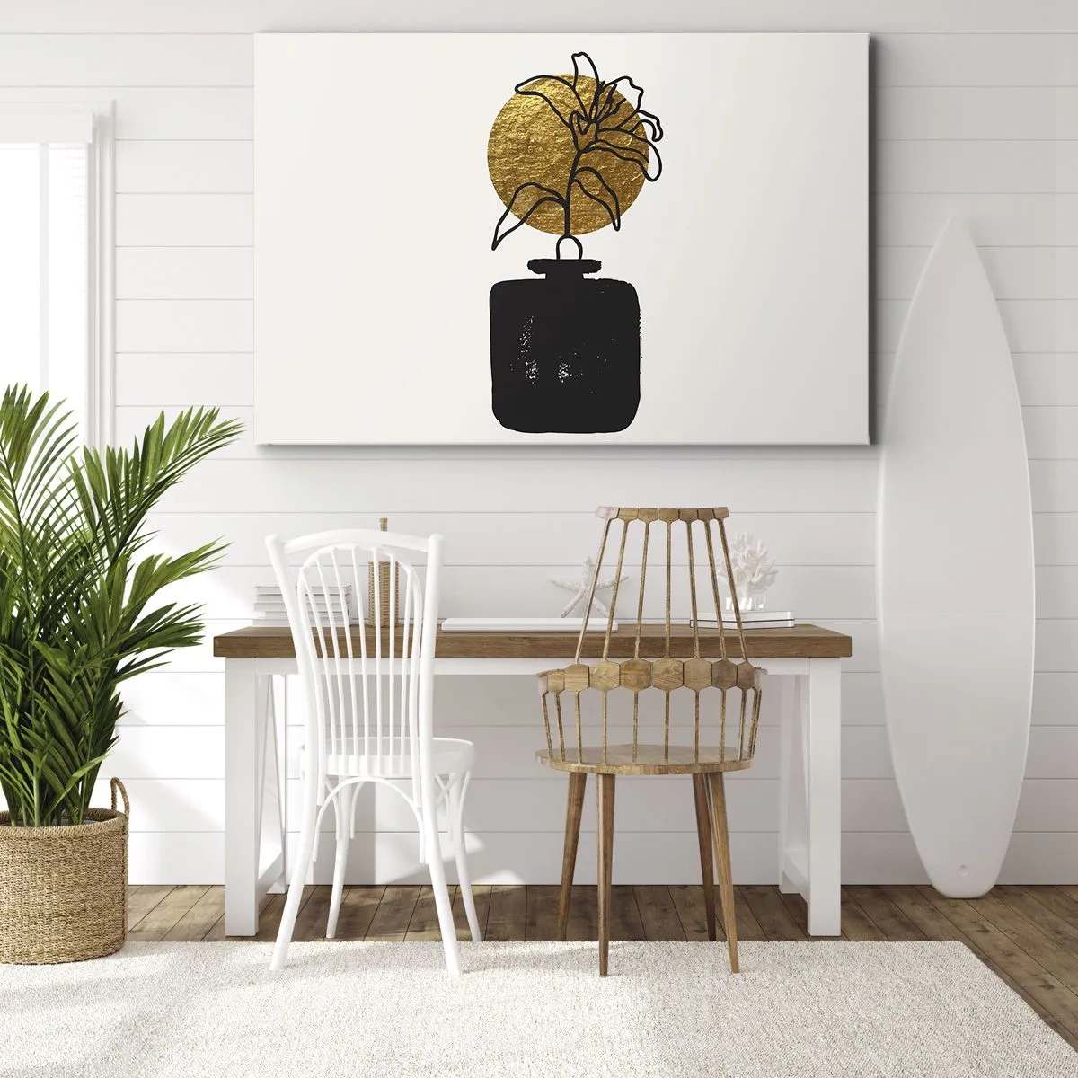 Quadro em tela - Um desenho de uma flor em um vaso contra um fundo de círculo dourado - 70x50cm - A beleza vale seu peso em ouro - Decoração de parede moderna para a sala de estar e quarto ARTTOR
