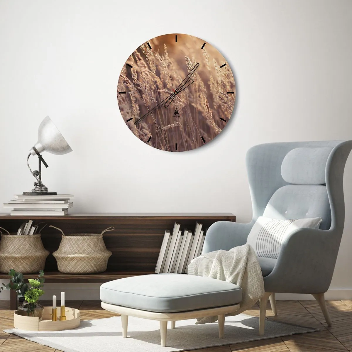 Relógio de parede - Relógio em vidro - Gramíneas douradas na luz do pôr do sol de outono - 30x30cm - Pronto para receber o outono - Decoração de parede moderna para a sala de estar, cozinha e quarto ARTTOR