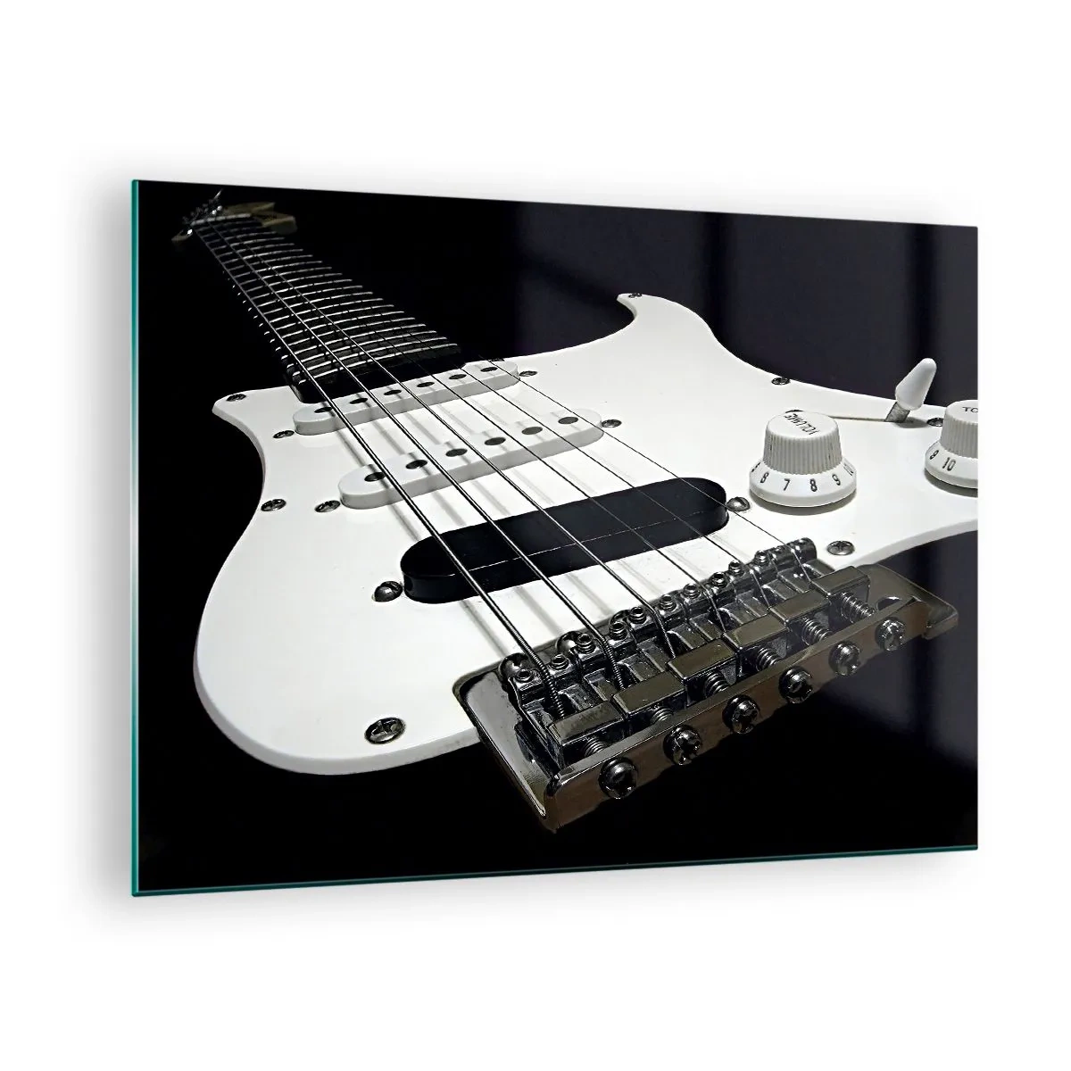 Quadro em vidro - Close-up de uma guitarra elétrica branca contra um fundo escuro - 70x50cm - Som oculto no branco - Decoração de parede moderna para a sala de estar e quarto ARTTOR