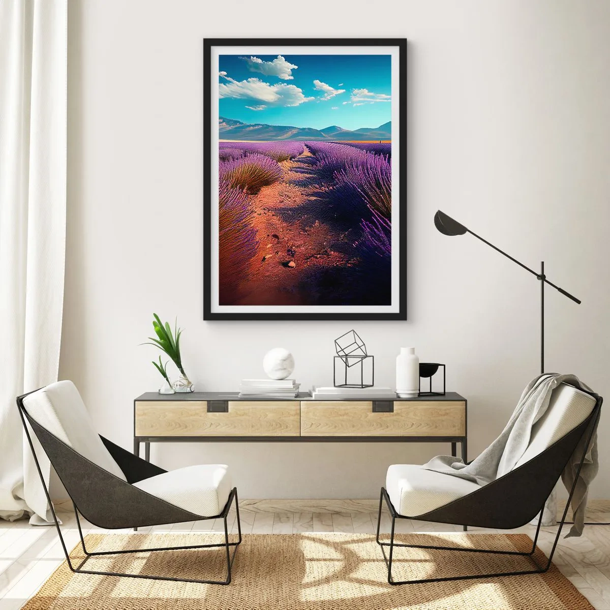 Pôster com moldura preta - Um campo de lavanda ao pôr do sol com uma paisagem montanhosa ao fundo - 50x70cm - Campos perfumados - Decoração de parede moderna para a sala de estar e quarto ARTTOR