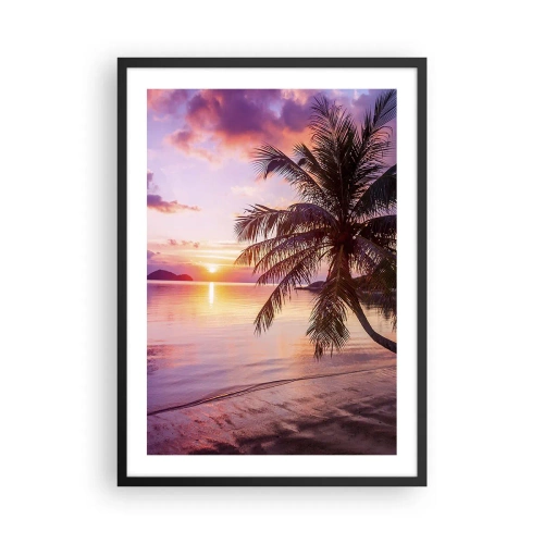 Pôster com moldura preta - Pôr do sol tropical com palmeira na praia - 50x70cm - Felicidade no horizonte - Decoração de parede moderna para a sala de estar e quarto ARTTOR