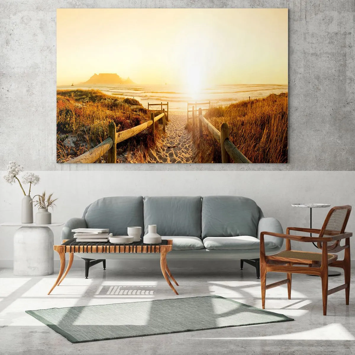 Quadro em vidro - Caminho sobre a duna que leva à praia ao pôr do sol - 70x50cm - Pelaa duna, em direção ao sol - Decoração de parede moderna para a sala de estar e quarto ARTTOR