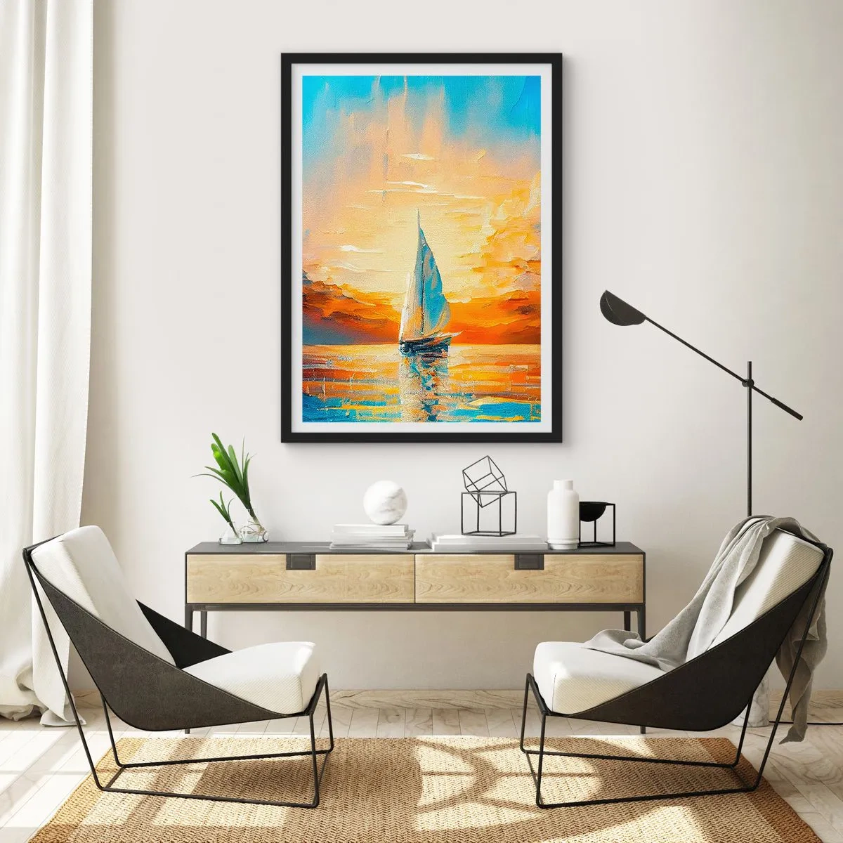 Pôster com moldura preta - Um veleiro tendo como pano de fundo um pôr do sol dourado - 50x70cm - Balsa em ouro - Decoração de parede moderna para a sala de estar e quarto ARTTOR