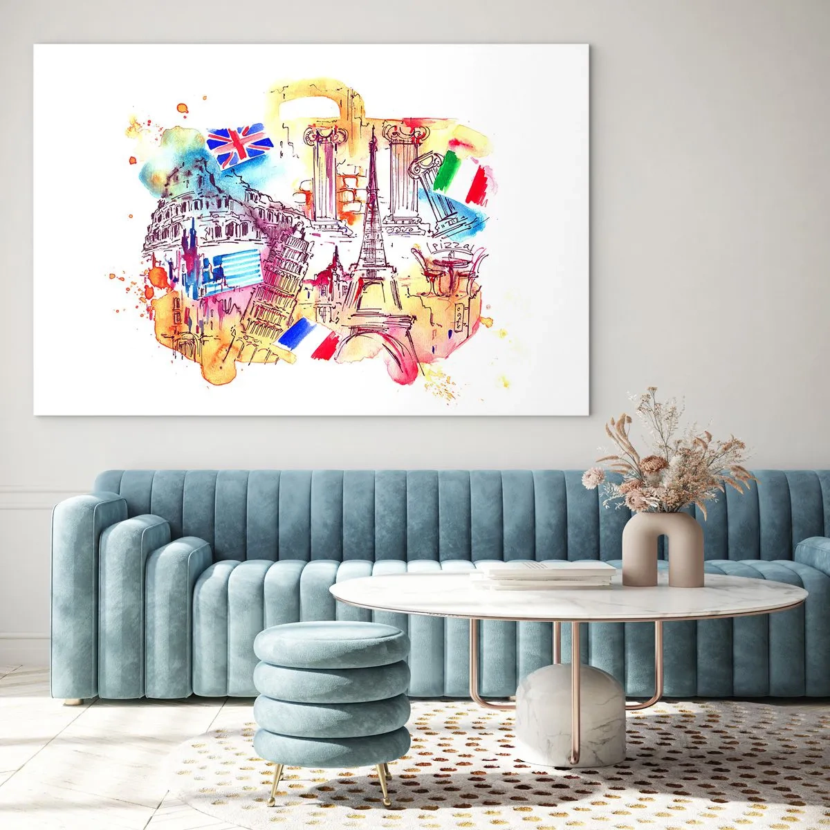 Quadro em vidro - Aquarela de monumentos europeus com bandeiras de países - 70x50cm - Tournée europeia - Decoração de parede moderna para a sala de estar e quarto ARTTOR