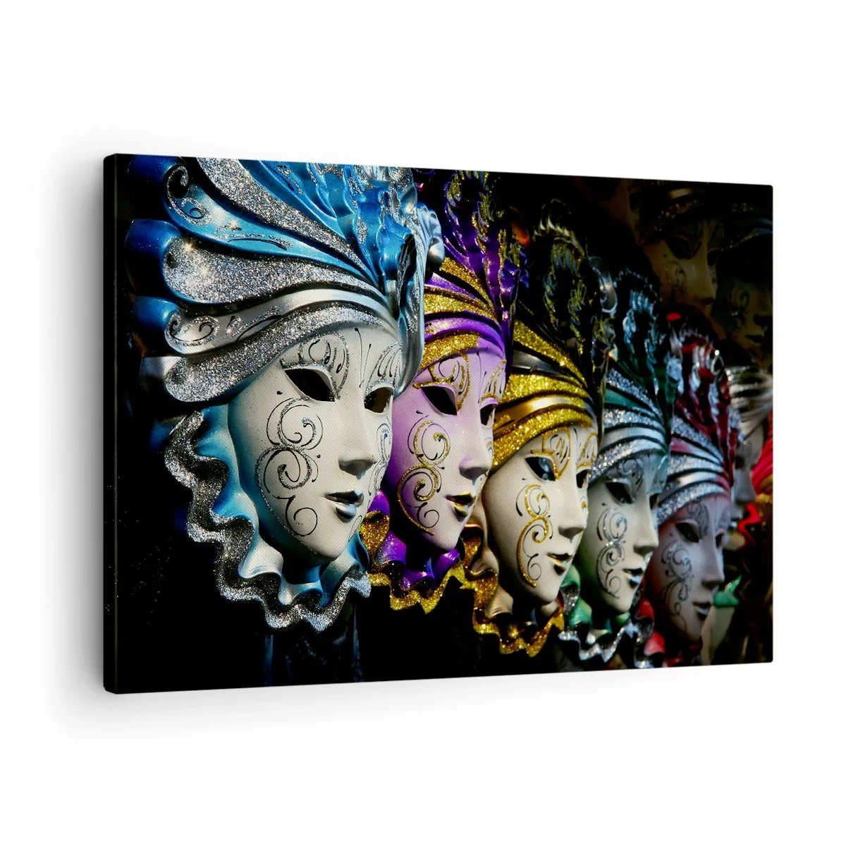 Quadro em tela - Máscaras venezianas em várias cores com padrões decorativos - 70x50cm - Mistério em ouro e prata - Decoração de parede moderna para a sala de estar e quarto ARTTOR