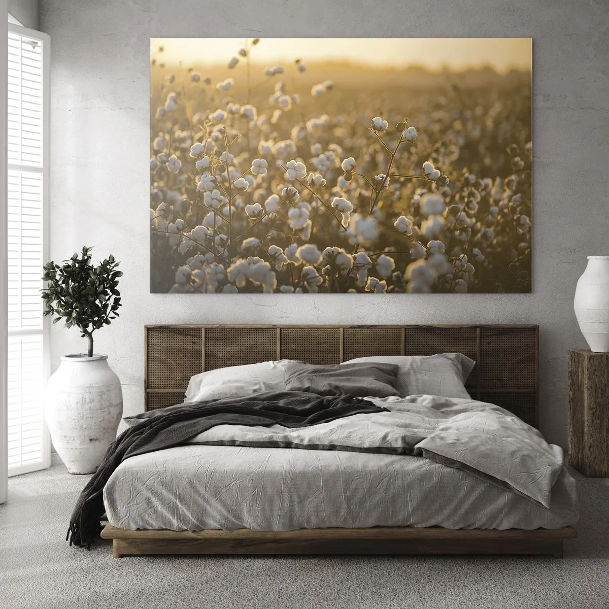 Quadro em vidro - Campo de algodão ao pôr do sol - 70x50cm - Campo macio - Decoração de parede moderna para a sala de estar e quarto ARTTOR