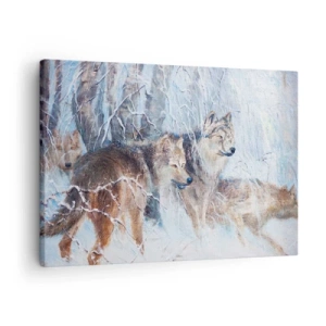 Quadro em tela - Lobos em uma floresta de inverno com fundo de neve - 70x50cm - Atenção! Está a vir... - Decoração de parede moderna para a sala de estar e quarto ARTTOR