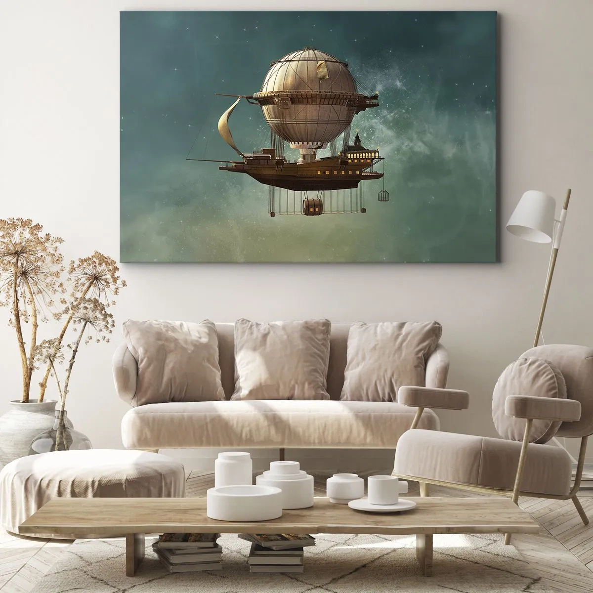 Quadro em tela - Um dirigível fantástico contra o céu esverdeado - 70x50cm - Saudações de Júlio Verne - Decoração de parede moderna para a sala de estar e quarto ARTTOR