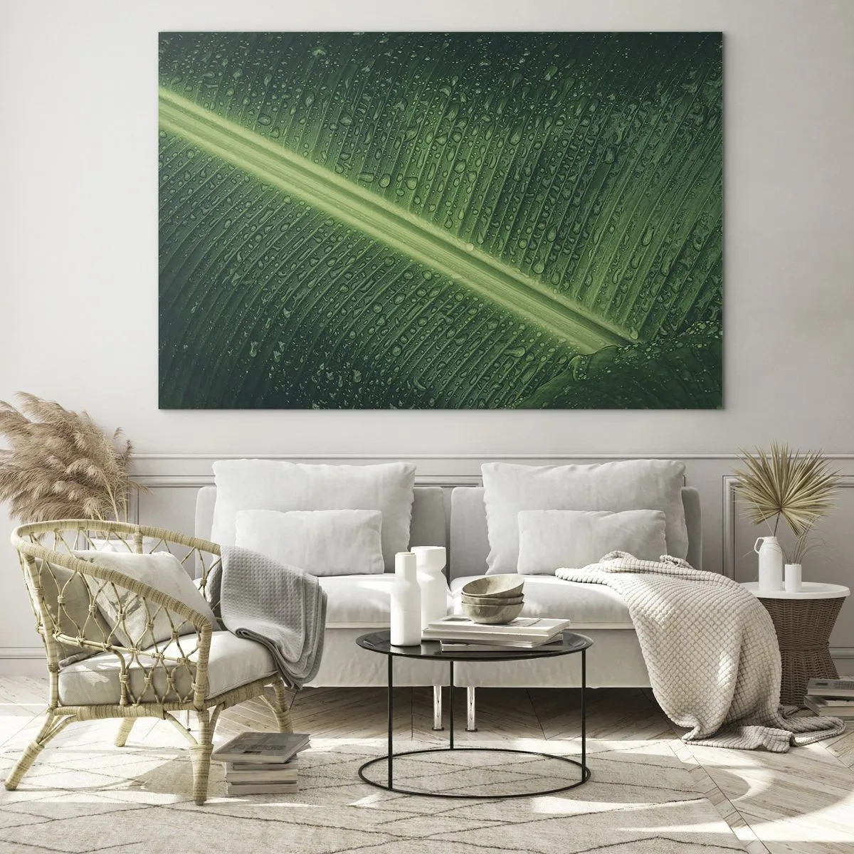 Quadro em vidro - Close-up de uma folha verde com gotas de água - 70x50cm - A estrutura da vegetação - Decoração de parede moderna para a sala de estar e quarto ARTTOR
