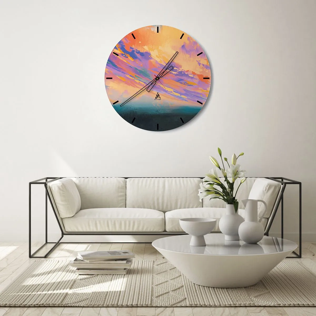 Relógio de parede - Relógio em vidro - Pôr do sol abstrato em cores pastel - 30x30cm - A força da atração - Decoração de parede moderna para a sala de estar, cozinha e quarto ARTTOR