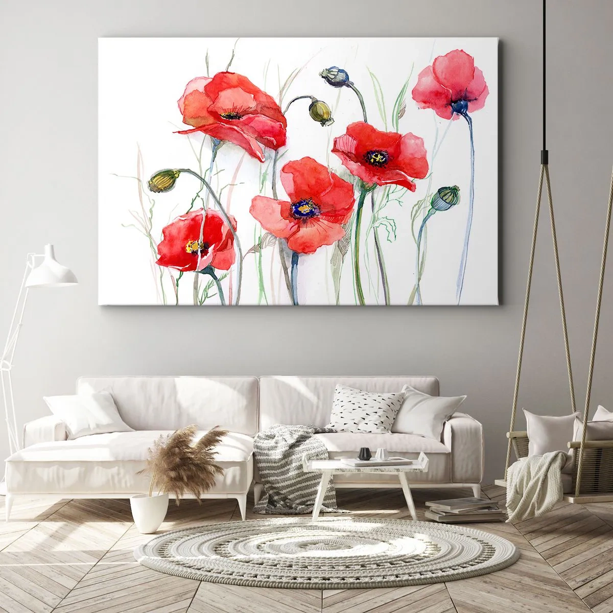 Quadro em tela - Papoulas em aquarela sobre um fundo delicado - 70x50cm - Flores polacas - Decoração de parede moderna para a sala de estar e quarto ARTTOR