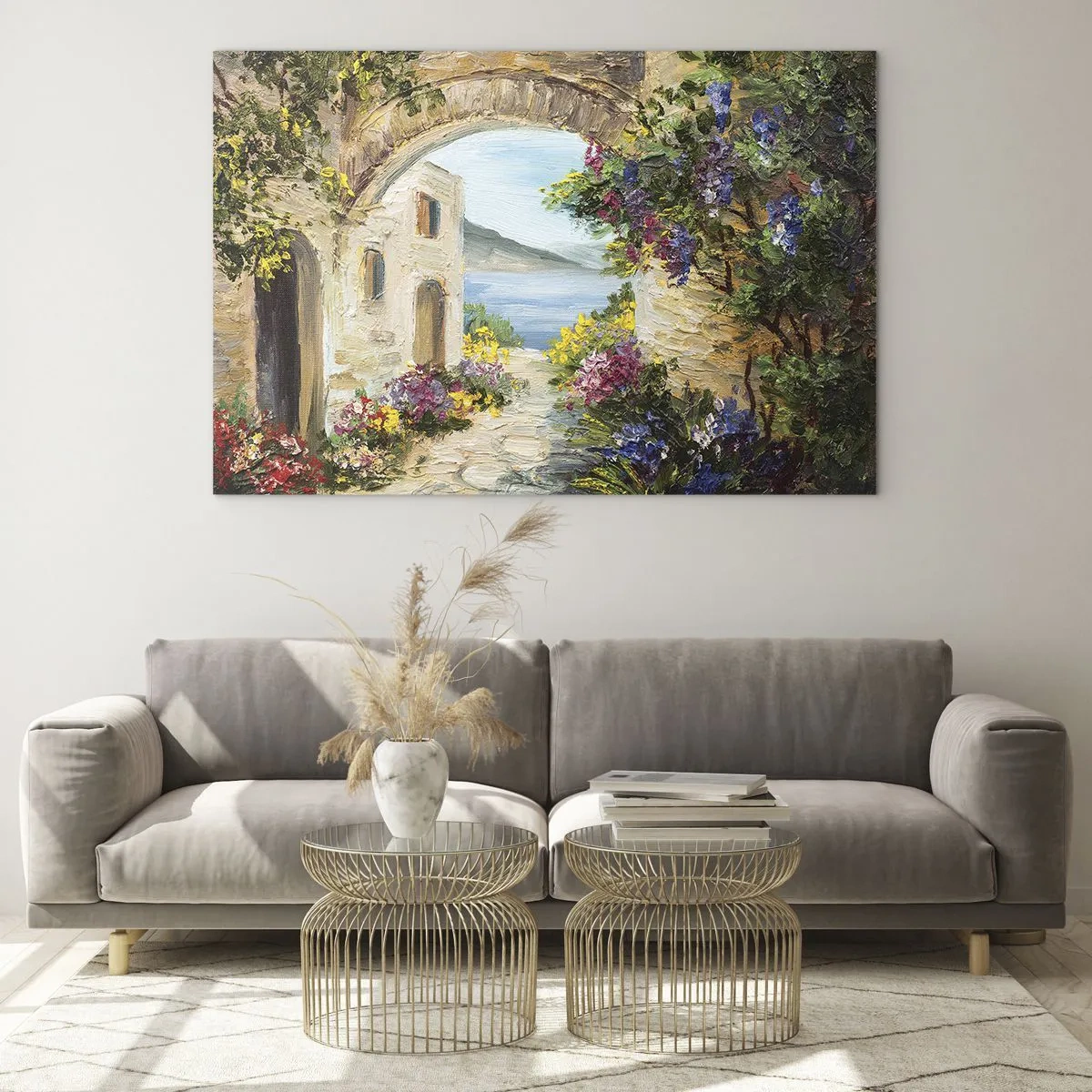 Quadro em vidro - Uma rua pitoresca com vista para o lago - 70x50cm - O encanto da província costeira - Decoração de parede moderna para a sala de estar e quarto ARTTOR