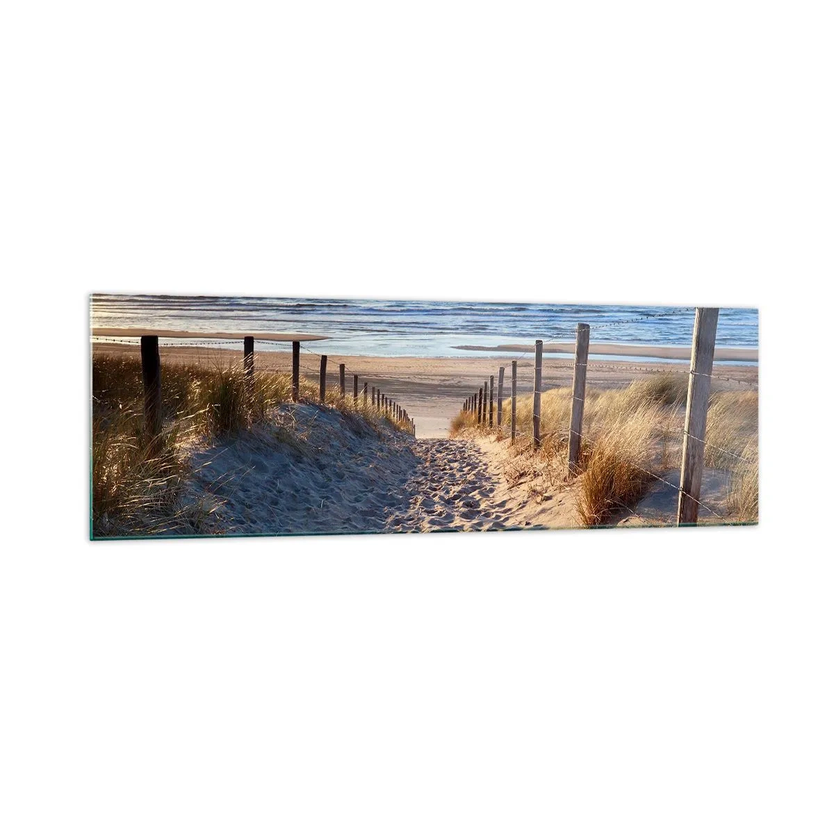 Quadro em vidro - O som do mar, o canto dos pássaros, a praia selvagem entre a relva... - 160x50 cm