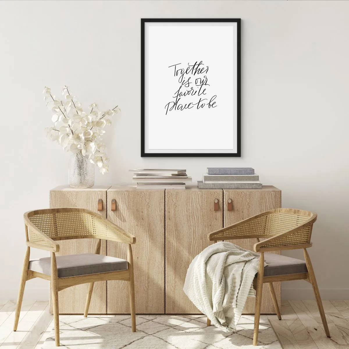 Pôster com moldura preta - Citação 'Juntos é o nosso lugar favorito para estar' em fundo branco - 50x70cm - Também sente isso? - Decoração de parede moderna para a sala de estar e quarto ARTTOR