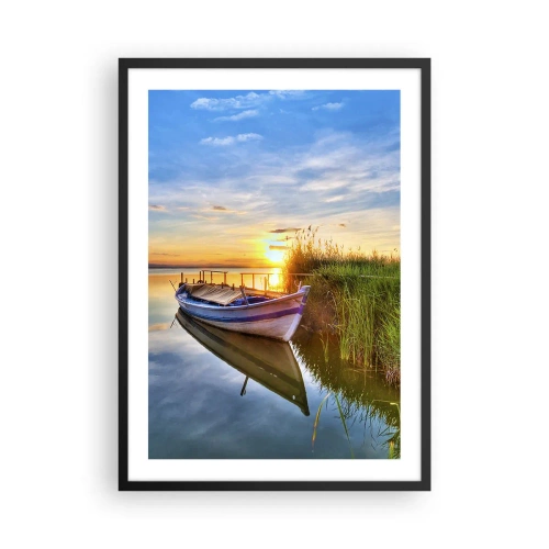 Pôster com moldura preta - Um barco em um lago calmo ao pôr do sol - 50x70cm - Enseada de sonhos realizados - Decoração de parede moderna para a sala de estar e quarto ARTTOR