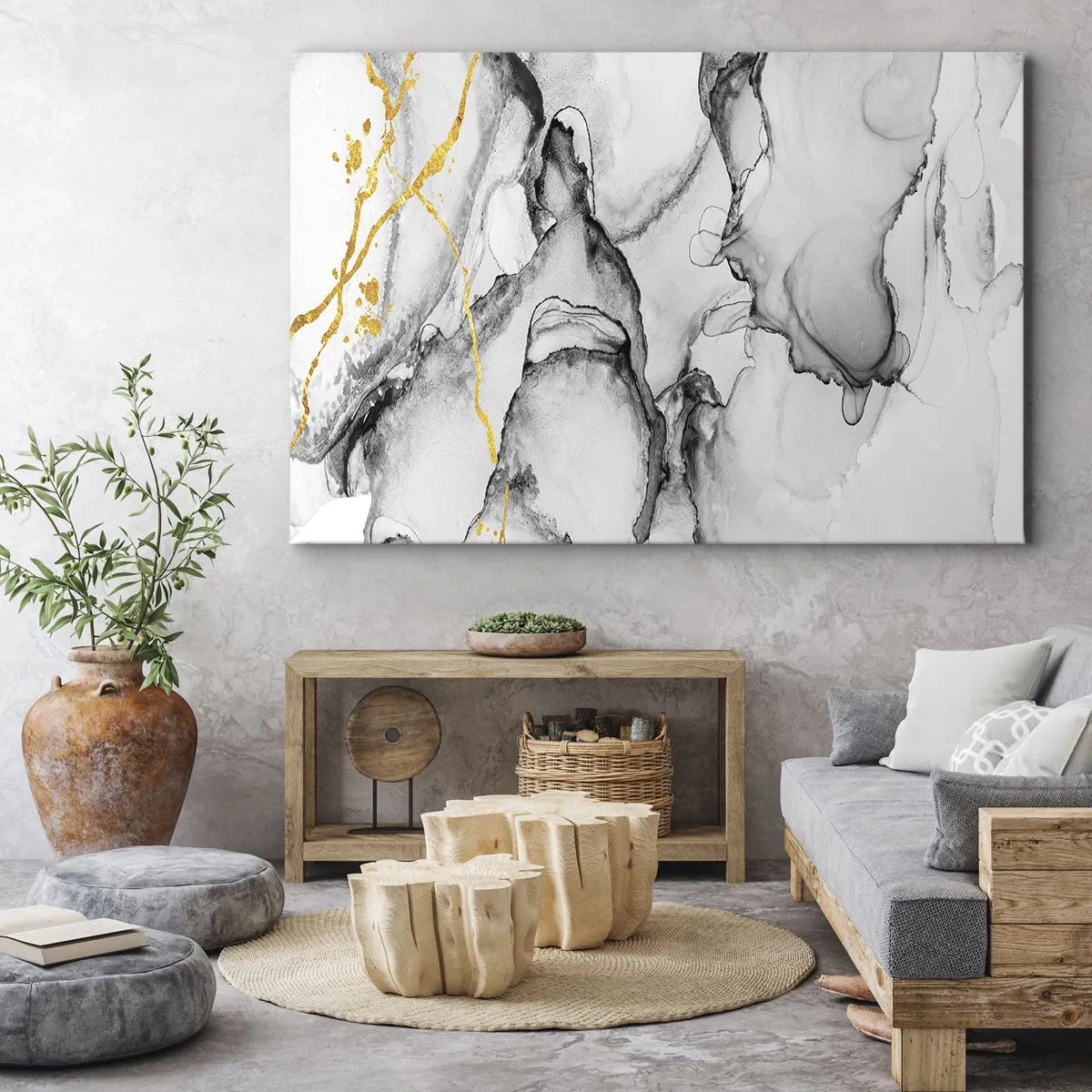 Quadro em tela - Padrões abstratos em preto e branco com detalhes dourados - 70x50cm - Composição dourada - Decoração de parede moderna para a sala de estar e quarto ARTTOR