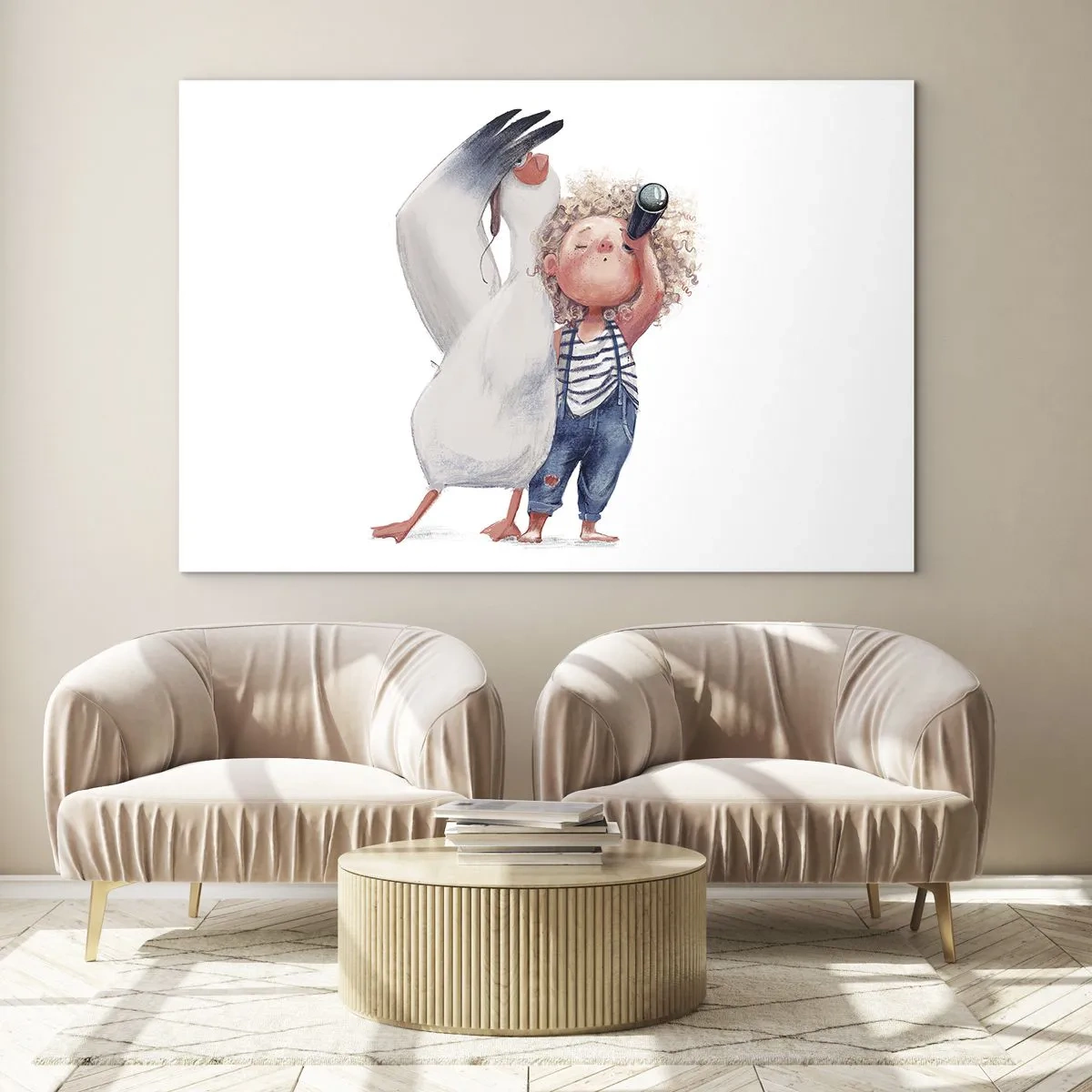 Quadro em vidro - Bebê com binóculos e cegonha em um estilo de ilustração engraçado - 70x50cm - O itinerário da grande viagem - Decoração de parede moderna para a sala de estar e quarto ARTTOR