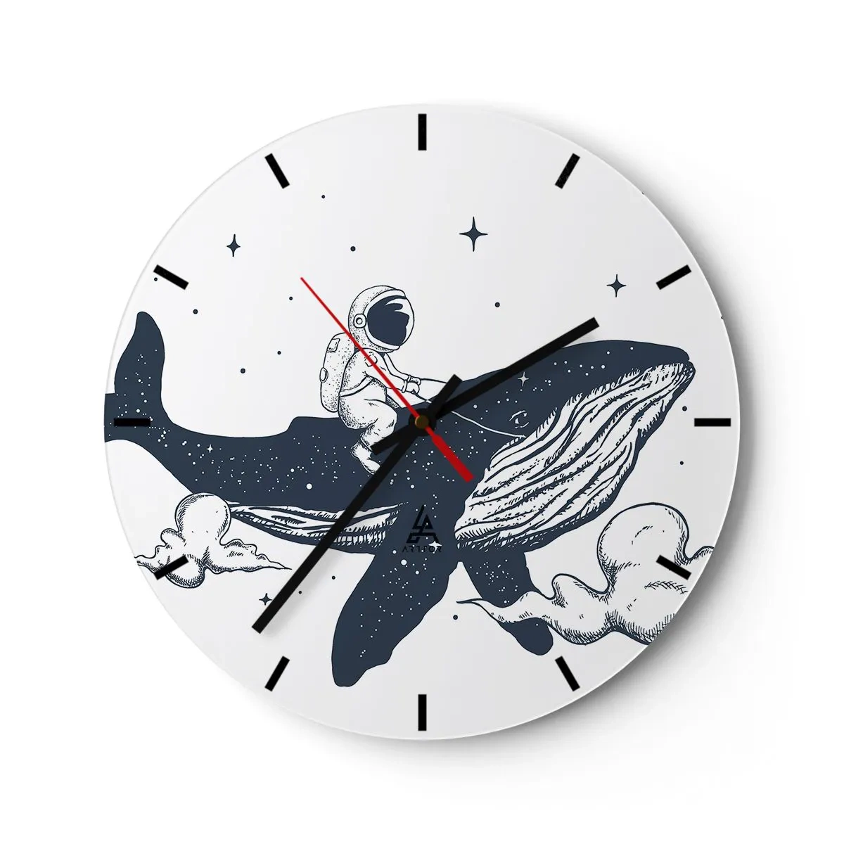 Relógio de parede - Relógio em vidro - Astronauta cavalgando uma baleia no espaço - 30x30cm - Aventura espacial - Decoração de parede moderna para a sala de estar, cozinha e quarto ARTTOR