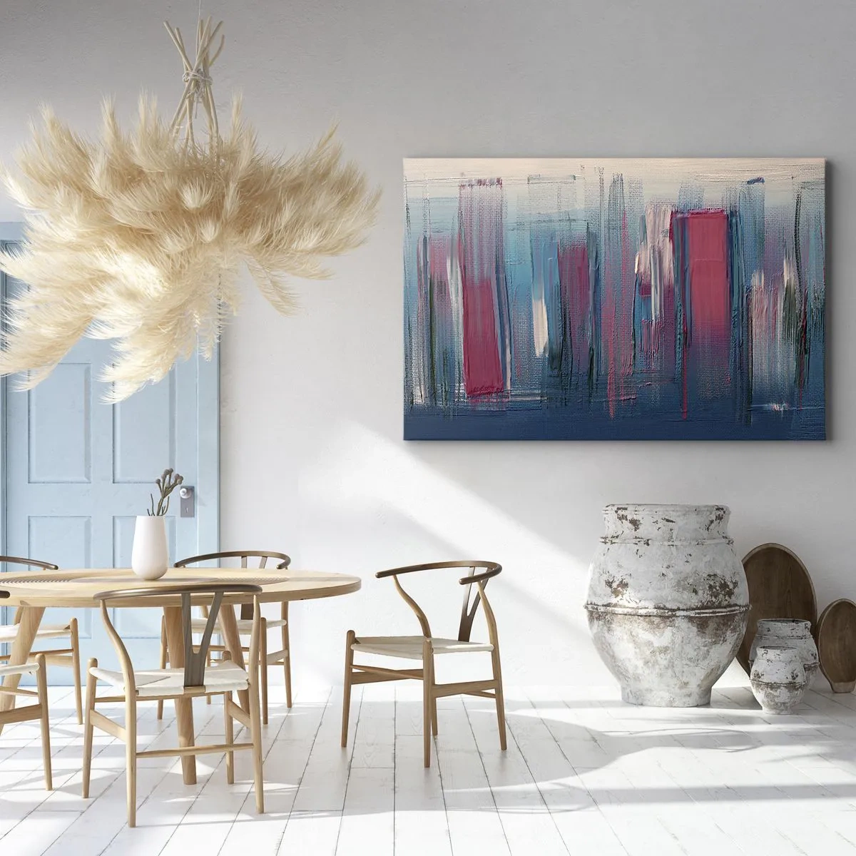 Quadro em tela - Formas verticais abstratas em tons de azul e vermelho - 70x50cm - Composição vertical em azul e vermelho - Decoração de parede moderna para a sala de estar e quarto ARTTOR