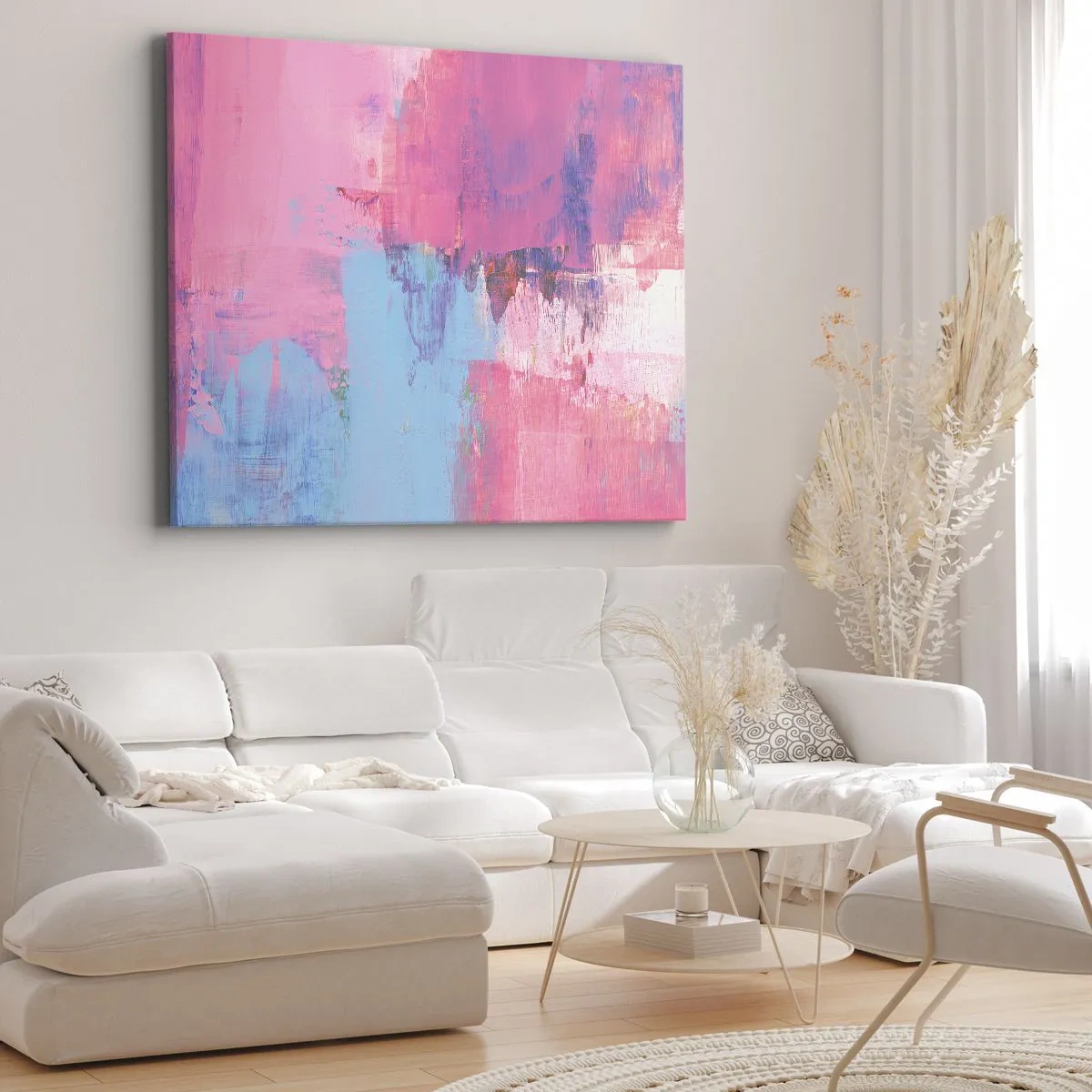 Quadro em tela - Composição abstrata em rosa e azul - 70x50cm - Rosa, azul e uma pitada de luz - Decoração de parede moderna para a sala de estar e quarto ARTTOR