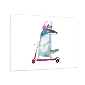 Quadro em vidro - Texugo com fones de ouvido em uma scooter de aquarela - 70x50cm - A alegria do texugo - Decoração de parede moderna para a sala de estar e quarto ARTTOR