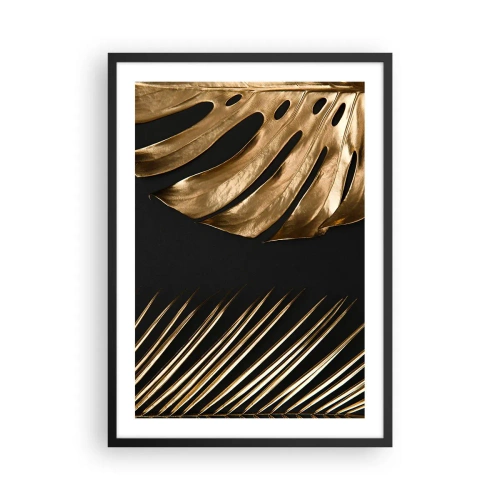 Pôster com moldura preta - Folhas douradas sobre fundo preto em estilo elegante - 50x70cm - Diferentes e igualmente caros - Decoração de parede moderna para a sala de estar e quarto ARTTOR