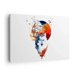 Quadro em tela - Pintura abstrata em aquarela de um lobo contra uma lua vermelha - 70x50cm - Nariz a nariz com a noite - Decoração de parede moderna para a sala de estar e quarto ARTTOR