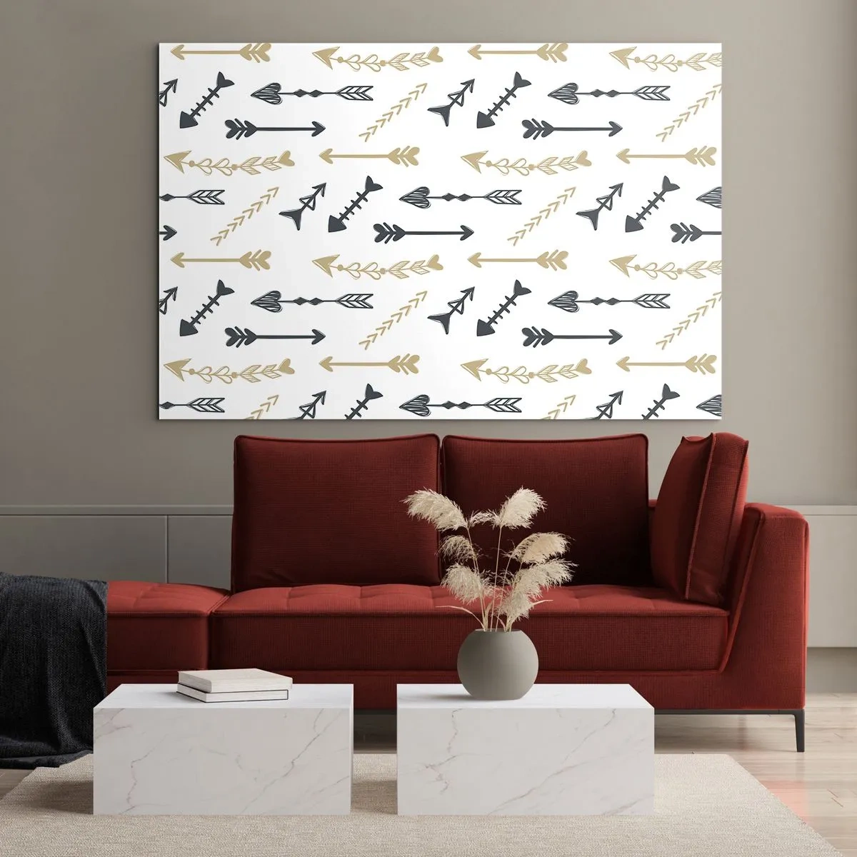 Quadro em vidro - Um padrão de setas em cores diferentes em um fundo branco - 70x50cm - O sonho do arqueiro - Decoração de parede moderna para a sala de estar e quarto ARTTOR