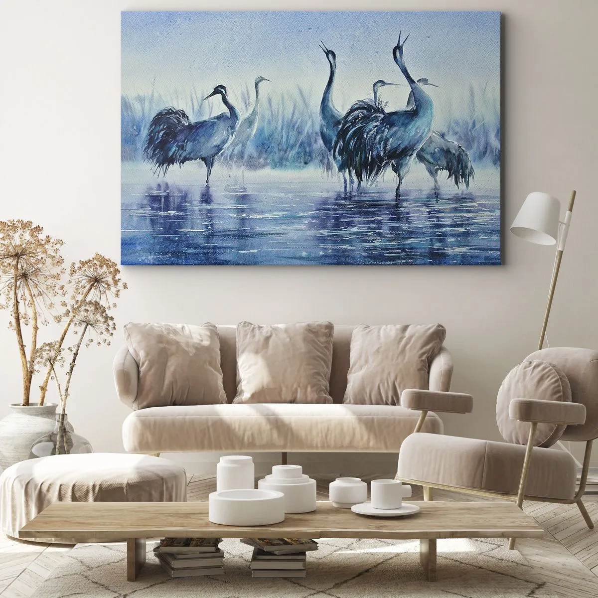Quadro em tela - Guindastes contra o fundo de neblina e água em tons de azul - 70x50cm - Reunião matinal - Decoração de parede moderna para a sala de estar e quarto ARTTOR