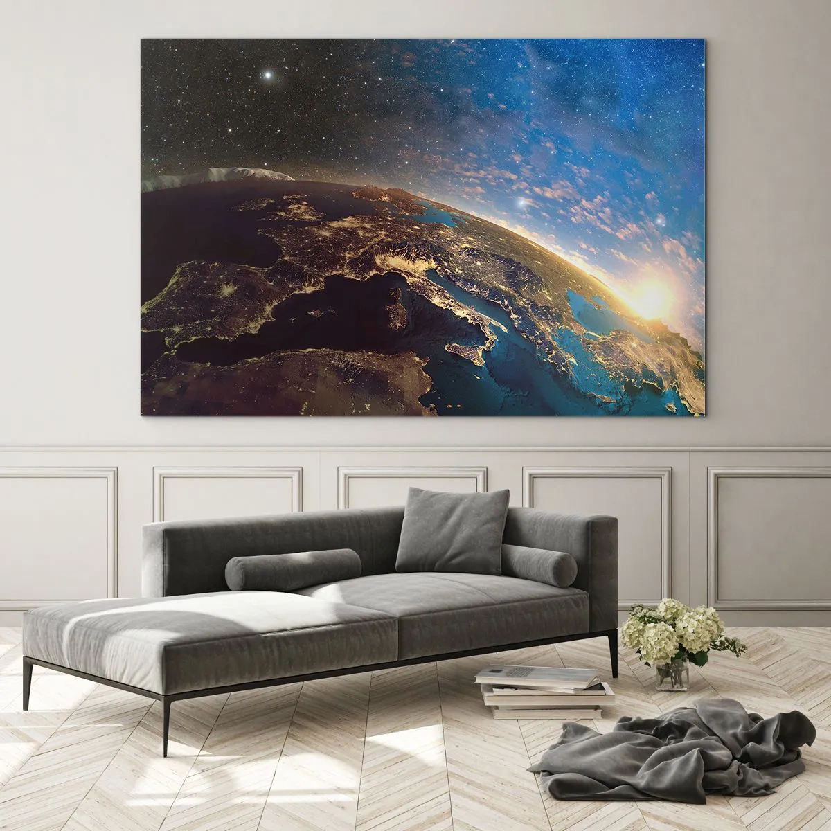 Quadro em vidro - Uma vista da Terra do espaço com o nascer do sol visível - 70x50cm - Vamos olhar para nós mesmos à distância - Decoração de parede moderna para a sala de estar e quarto ARTTOR