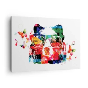 Quadro em tela - Urso colorido com óculos com borboletas e notas musicais - 70x50cm - Urso da moda - Decoração de parede moderna para a sala de estar e quarto ARTTOR