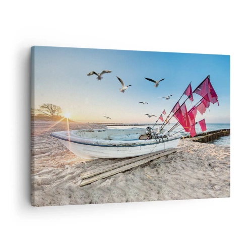Quadro em tela - Um barco na praia ao amanhecer com gaivotas e bandeiras vermelhas - 70x50cm - Um merecido descanso - Decoração de parede moderna para a sala de estar e quarto ARTTOR