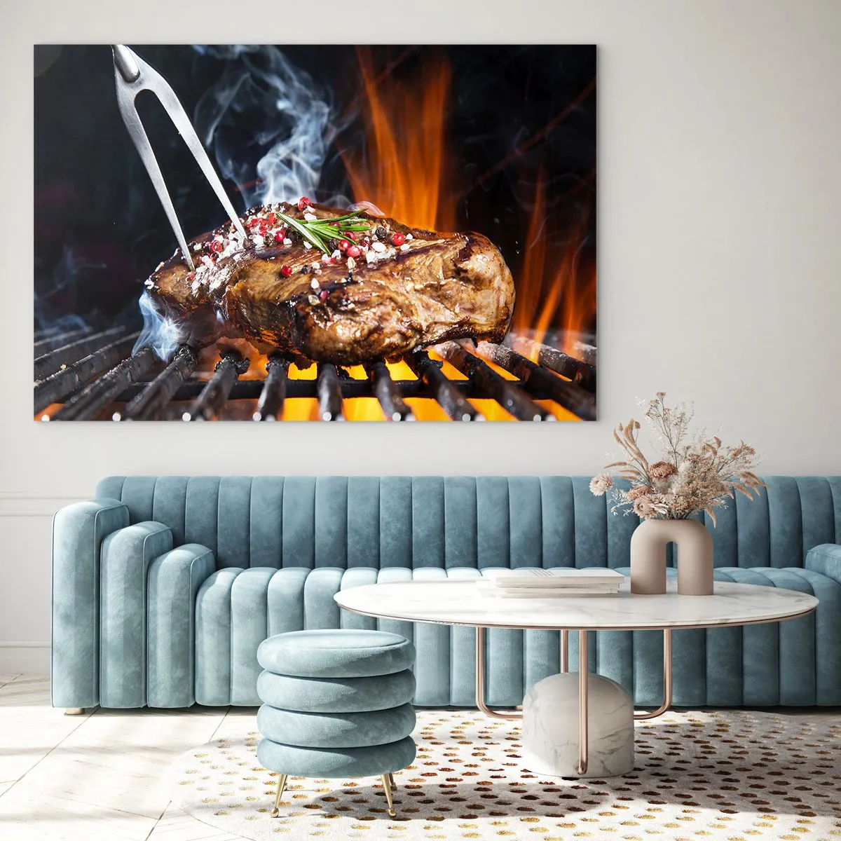 Quadro em vidro - Bife grelhado com especiarias na grelha - 70x50cm - Suculenta e de bom cheiro - Decoração de parede moderna para a sala de estar e quarto ARTTOR