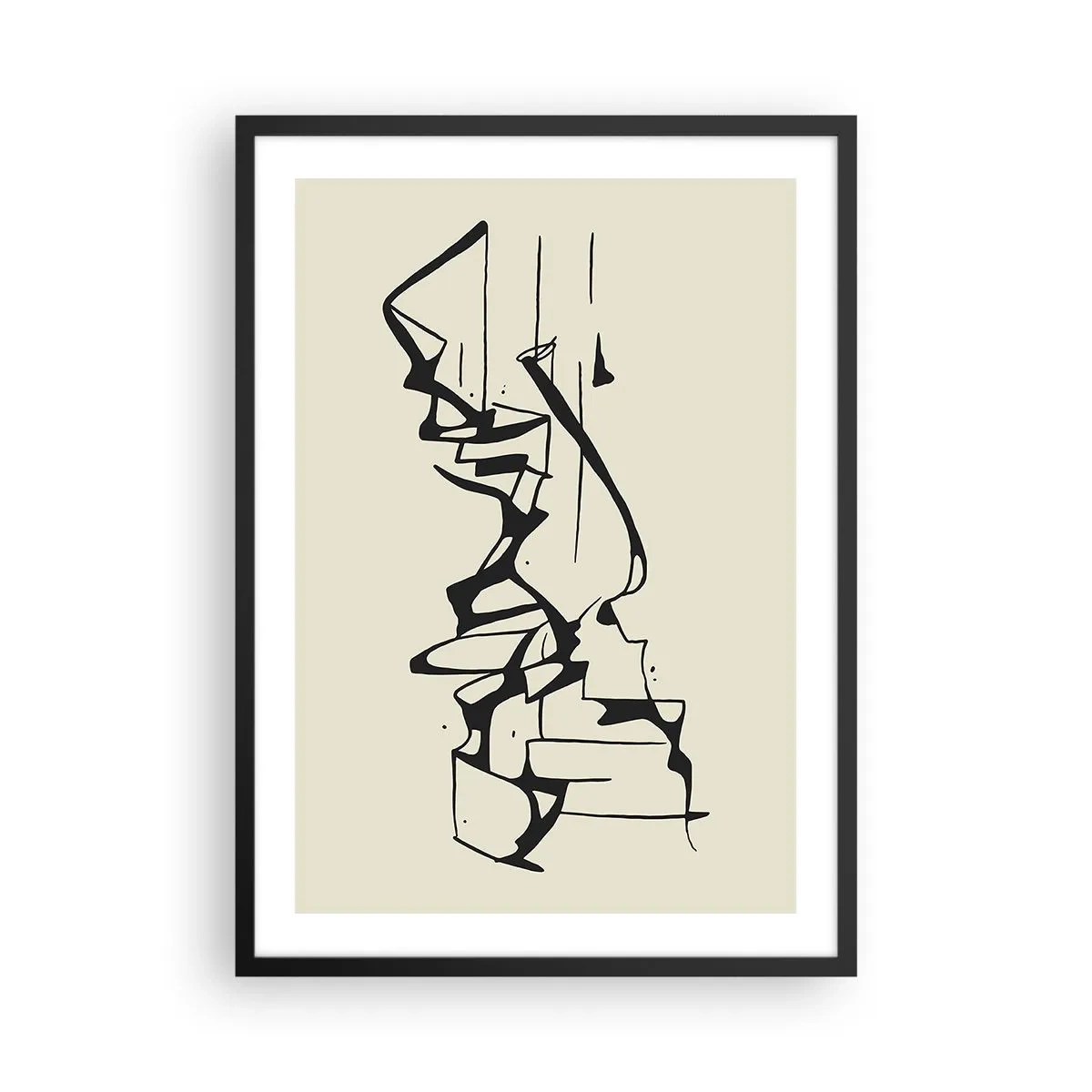 Pôster com moldura preta - Composição abstrata em preto e branco de linhas e formas - 50x70cm - Talvez uma paisagem - Decoração de parede moderna para a sala de estar e quarto ARTTOR