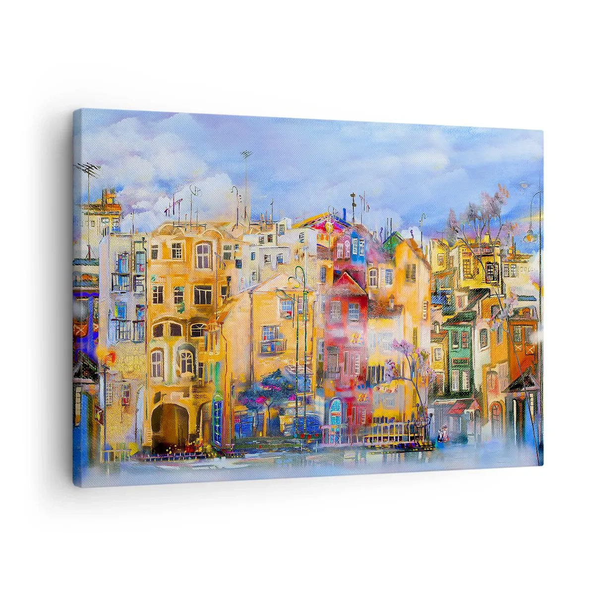 Quadro em tela - Edifícios urbanos coloridos em estilo artístico - 70x50cm - Estamos juntos - Decoração de parede moderna para a sala de estar e quarto ARTTOR