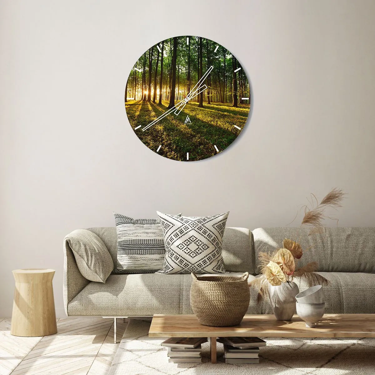 Relógio de parede - Relógio em vidro - Uma floresta com raios de sol brilhando através das árvores - 30x30cm - Fotografia de todas as primaveras - Decoração de parede moderna para a sala de estar, cozinha e quarto ARTTOR