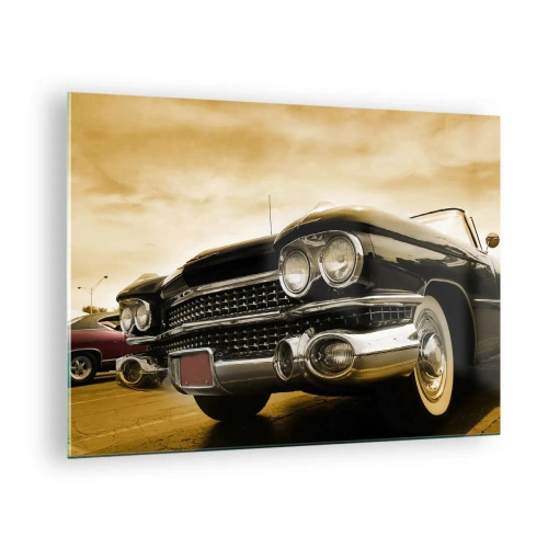 Quadro em vidro - A frente de um carro clássico em um estilo retrô elegante - 70x50cm - Os clássicos nunca desaparecem - Decoração de parede moderna para a sala de estar e quarto ARTTOR