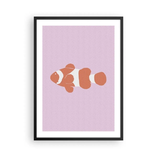 Pôster com moldura preta - Peixe-palhaço laranja em um fundo roxo - 50x70cm - Em coral no rosto e na cauda - Decoração de parede moderna para a sala de estar e quarto ARTTOR