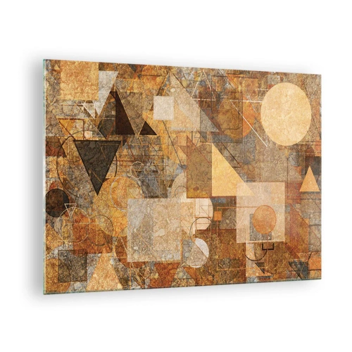 Quadro em vidro - Padrões geométricos abstratos em cores quentes - 70x50cm - Estudo Cubista em Bronze - Decoração de parede moderna para a sala de estar e quarto ARTTOR