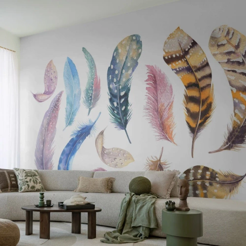 Papel de Parede Autocolante Deluxe Sticker - Leve, heterogéneo e multicolorido - Penas de pássaros, Pássaros, Gráficos - 250x175 cm