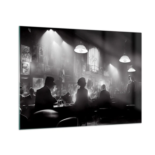 Quadro em vidro - Palco de jazz em preto e branco no interior de um clube - 70x50cm - Em uma atmosfera de jazz - Decoração de parede moderna para a sala de estar e quarto ARTTOR