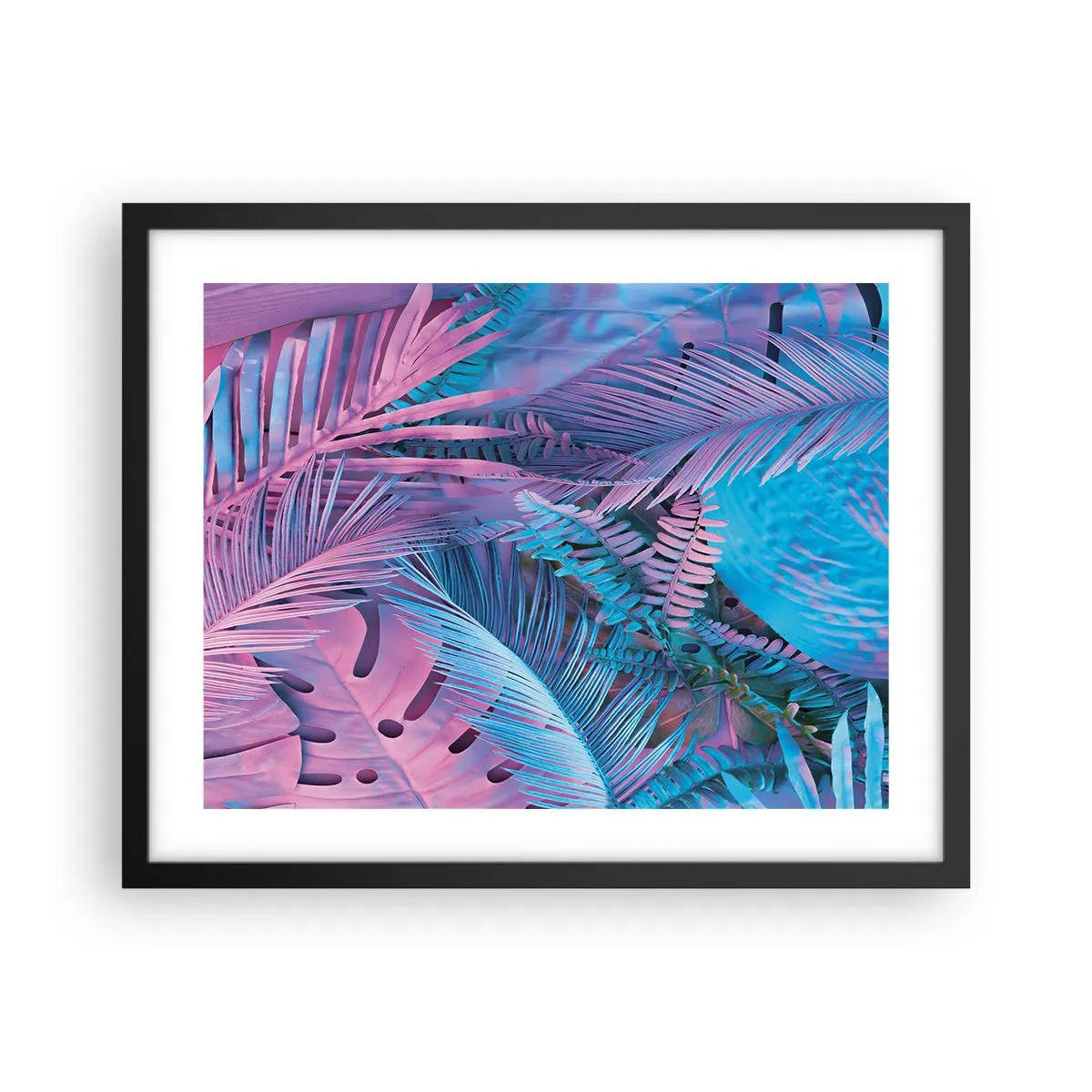 Pôster com moldura preta - Trópicos em rosa e azul - 50x40 cm