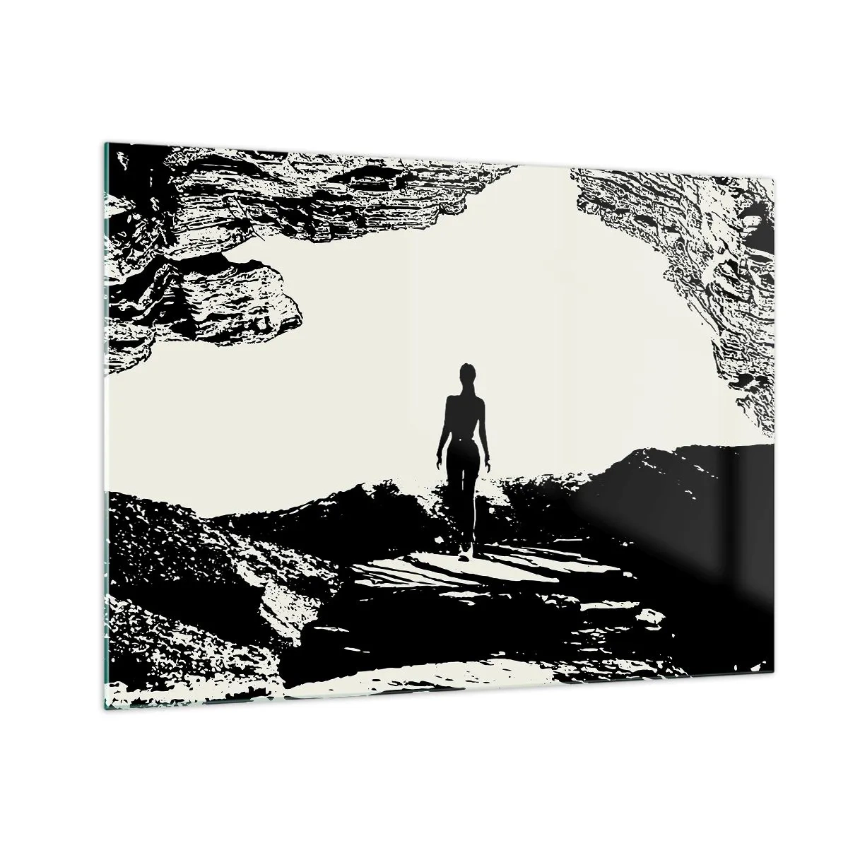 Quadro em vidro - Silhueta de uma mulher emergindo de uma caverna em gráficos em preto e branco - 70x50cm - Novo visual - Decoração de parede moderna para a sala de estar e quarto ARTTOR