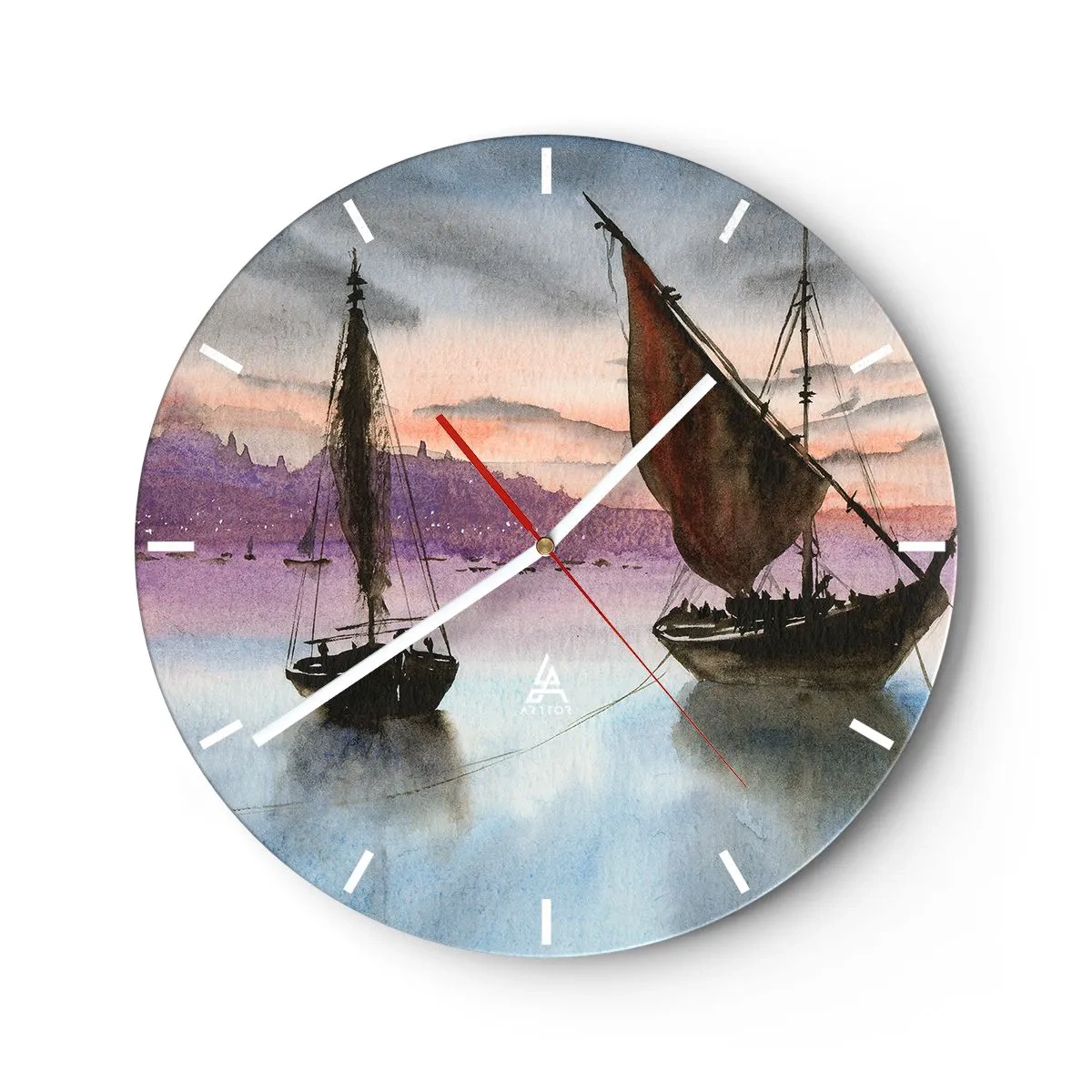 Relógio de parede - Relógio em vidro - Veleiros na água ao pôr do sol - 30x30cm - Noite no porto - Decoração de parede moderna para a sala de estar, cozinha e quarto ARTTOR