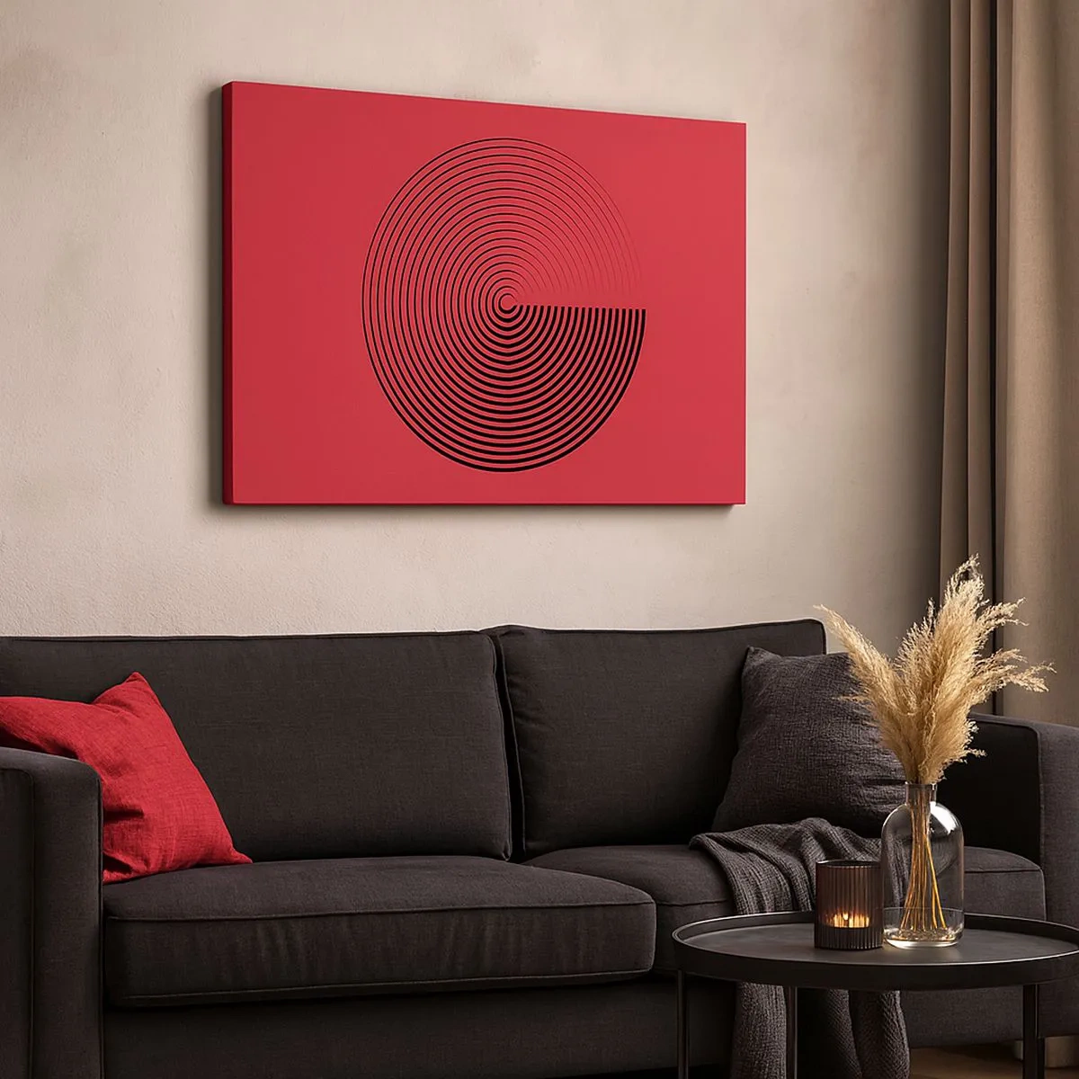 Quadro em tela - Círculos concêntricos em um fundo vermelho - 70x50cm - Movimento circular - Decoração de parede moderna para a sala de estar e quarto ARTTOR